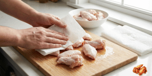 Pat the chicken wings completely dry with paper towels. Removing excess moisture helps create extra crispy skin when cooking in the air fryer.