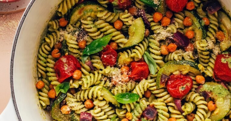 Zucchini Pesto Pasta with Tomatoes & Chickpeas