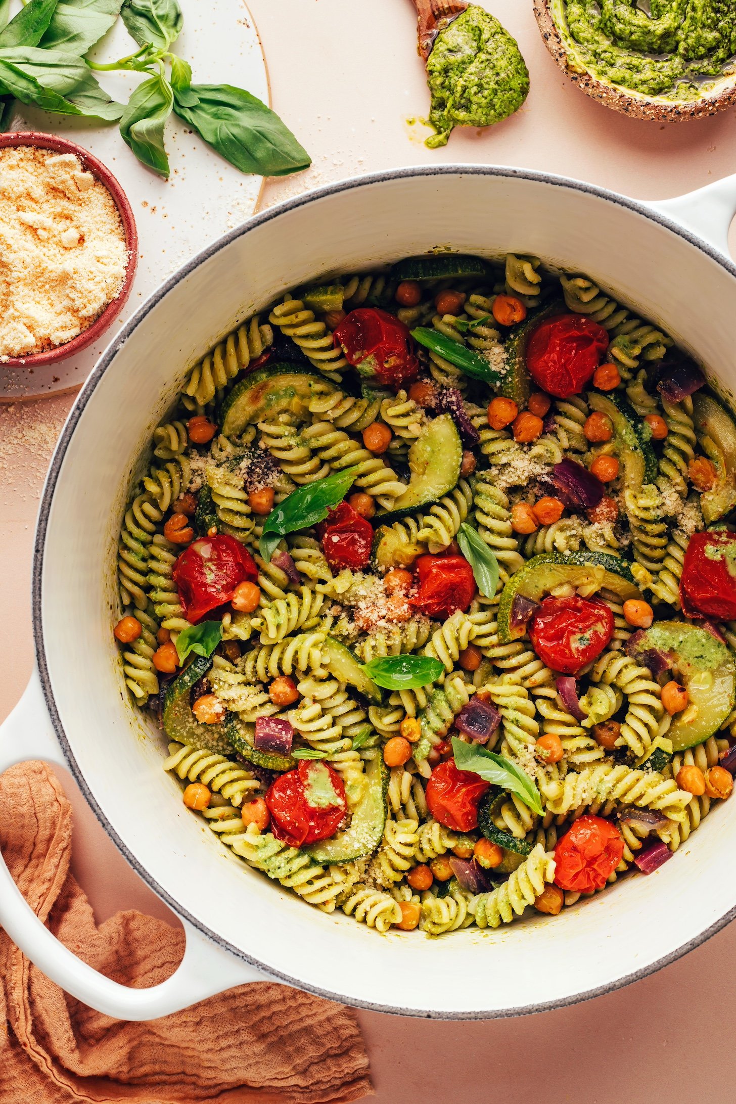 Zucchini Pesto Pasta with Tomatoes & Chickpeas