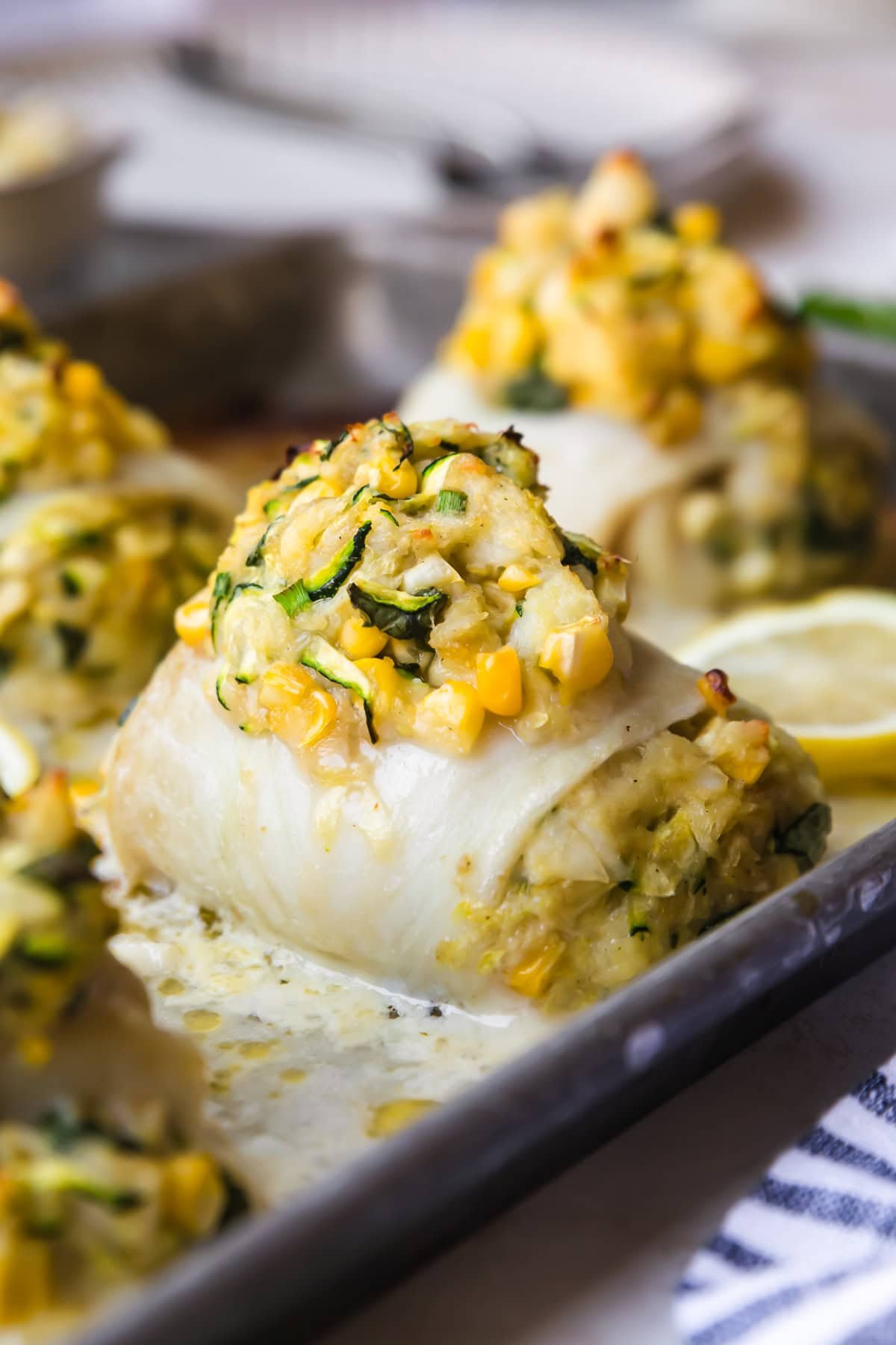 Crab-Stuffed Flounder with Zucchini and Corn