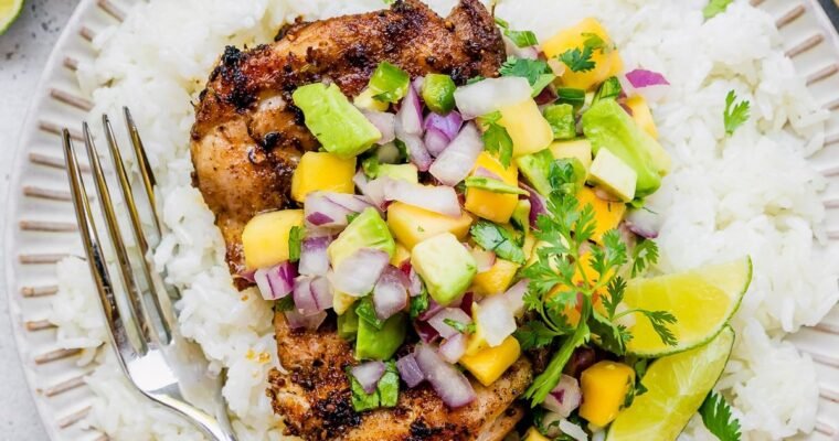 Grilled Jerk Chicken with Mango Avocado Salsa