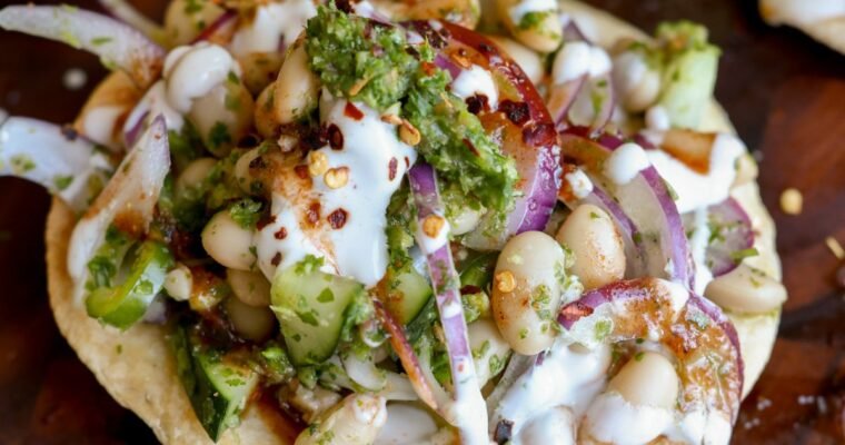 Vegan Cilantro Mint Chutney White Bean Tostadas (no-cook!)