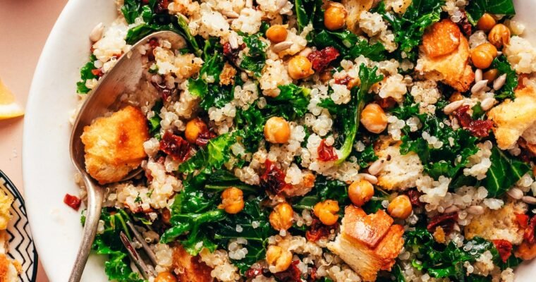 Vegan Lemony Quinoa Kale Salad with Crispy Chickpeas