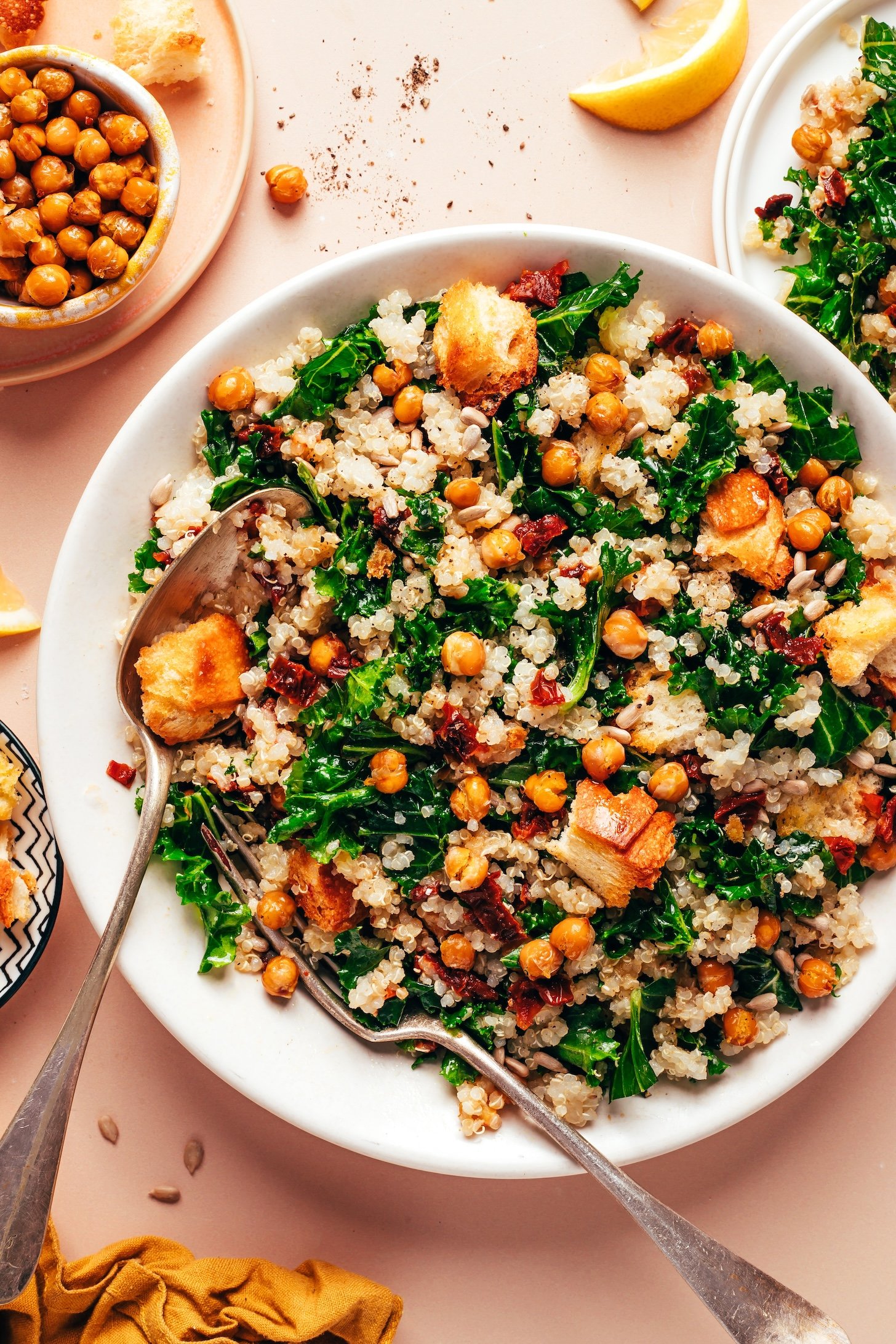 Vegan Lemony Quinoa Kale Salad with Crispy Chickpeas