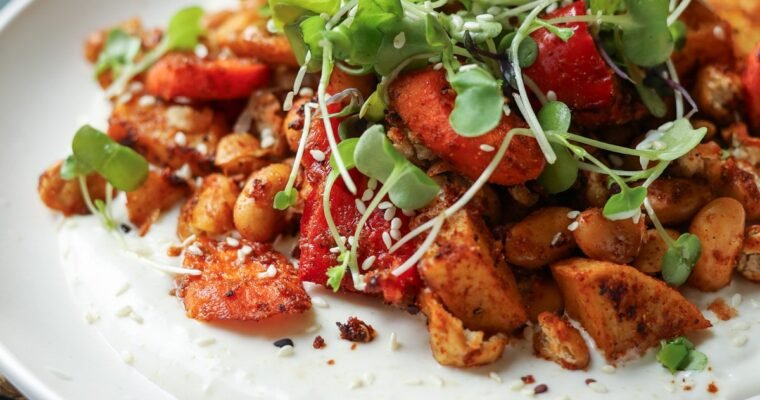 Vegan Sheet Pan Veggies and Beans with Lemon Yogurt Sauce