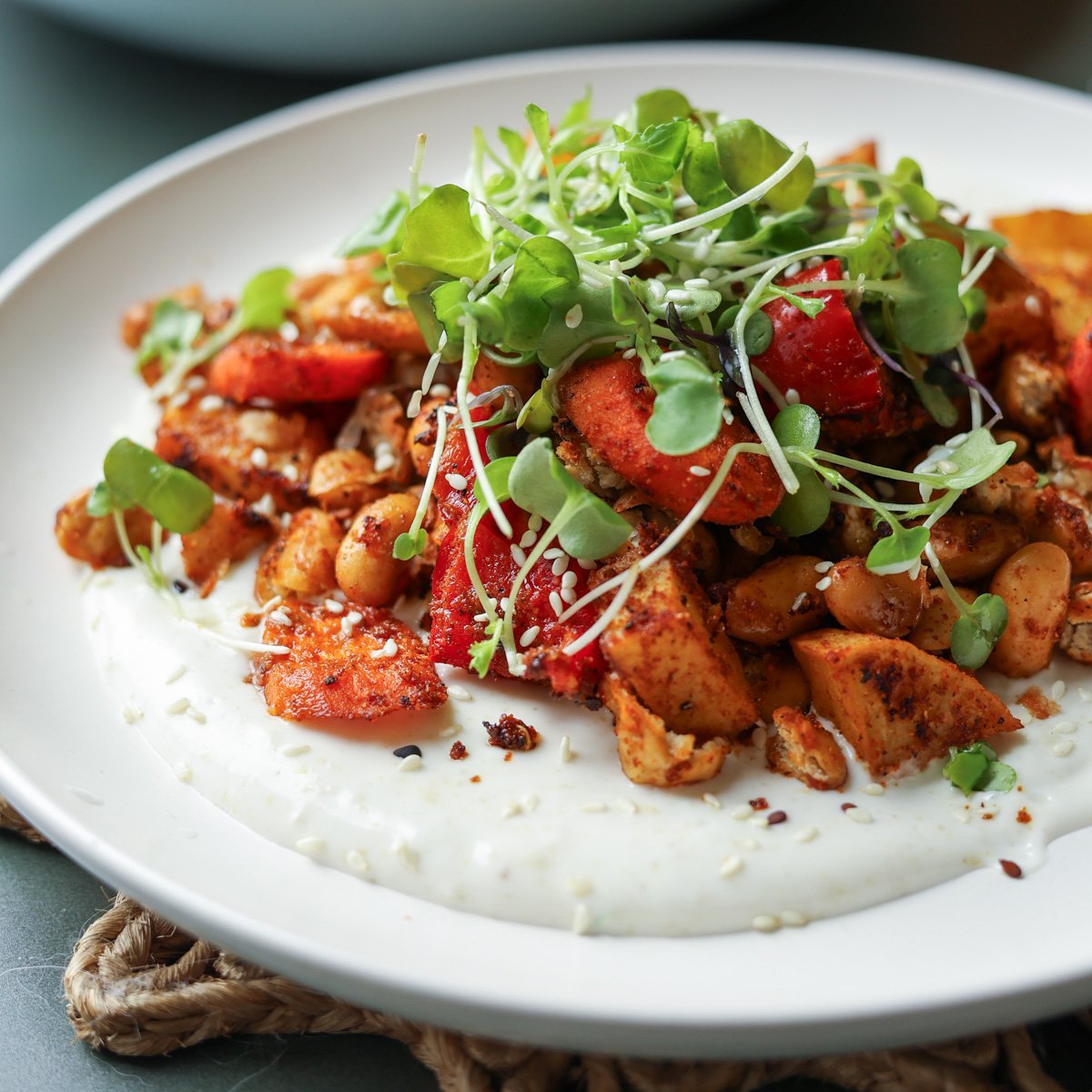 Vegan Sheet Pan Veggies and Beans with Lemon Yogurt Sauce