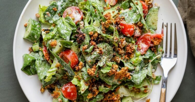 Vegan Summer Spinach Salad with Chickpea Olive Crumble (high protein)