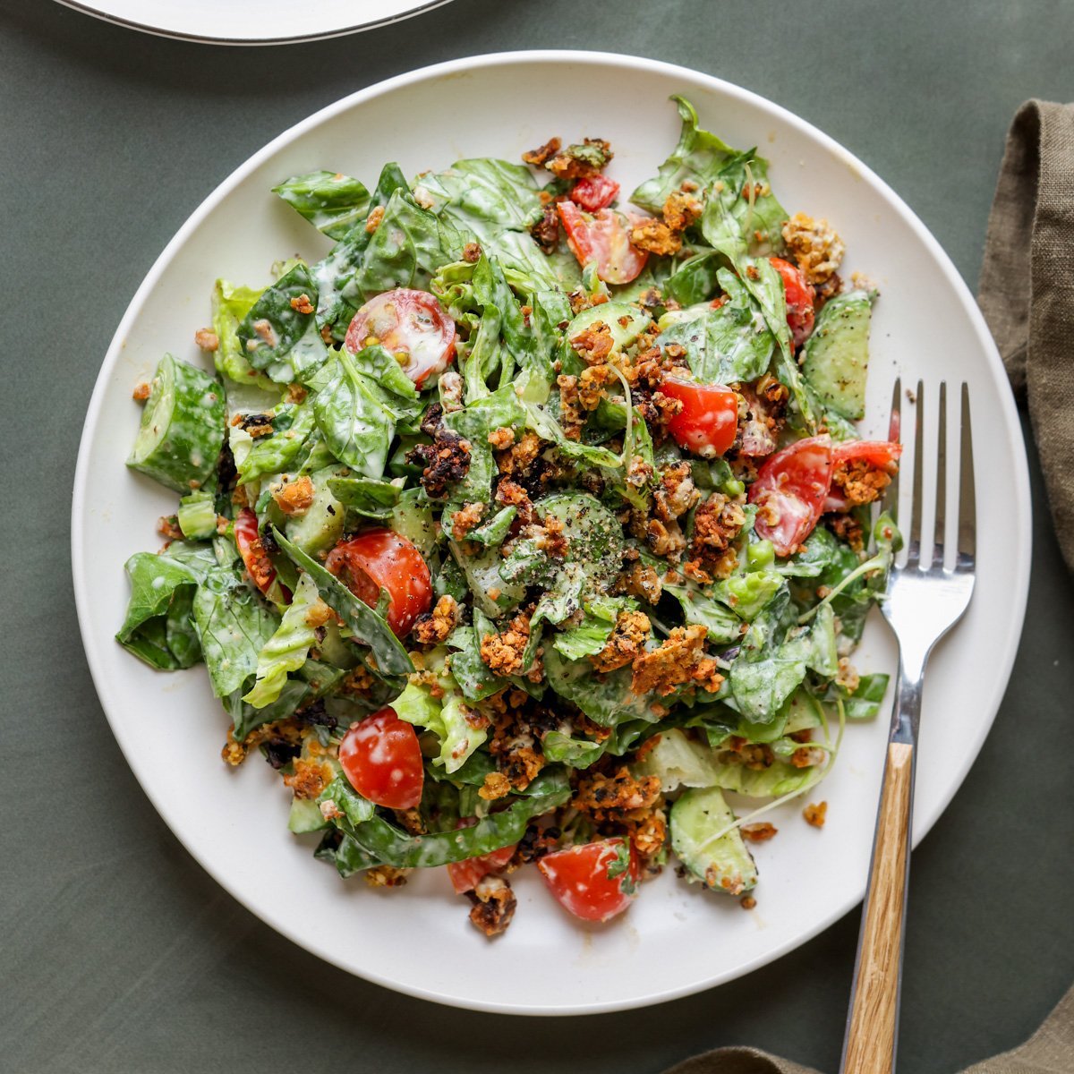 Vegan Summer Spinach Salad with Chickpea Olive Crumble (high protein)