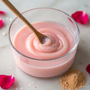 Remove from heat. Add bloomed gelatin, rosewater, and vanilla. Stir until smooth.