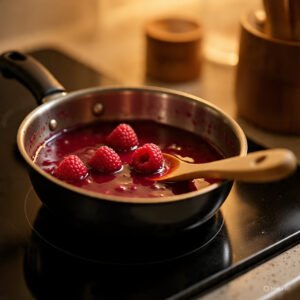 In a small saucepan, simmer raspberries, sugar, and lemon juice for 5–7 minutes. Mash, stir, and strain.