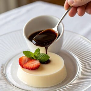 Cool the glaze and spoon over chilled panna cotta. Garnish as desired and serve cold.