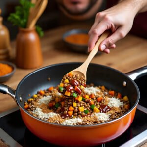 Mix the veggie blend into the lentils. Add chipotle powder, BBQ sauce, flaxseed meal, sesame seeds, breadcrumbs, and flour. Stir well. Let the mixture rest for 5 minutes.