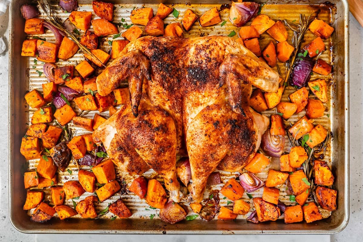 Spatchcock Chicken with Sweet Potatoes (Sheet Pan Dinner)