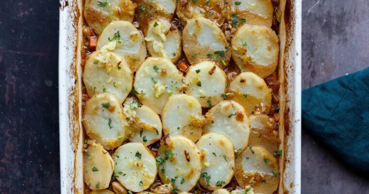 Vegan 1-Pan Mushroom Potato Casserole with Herbed Garlic Butter