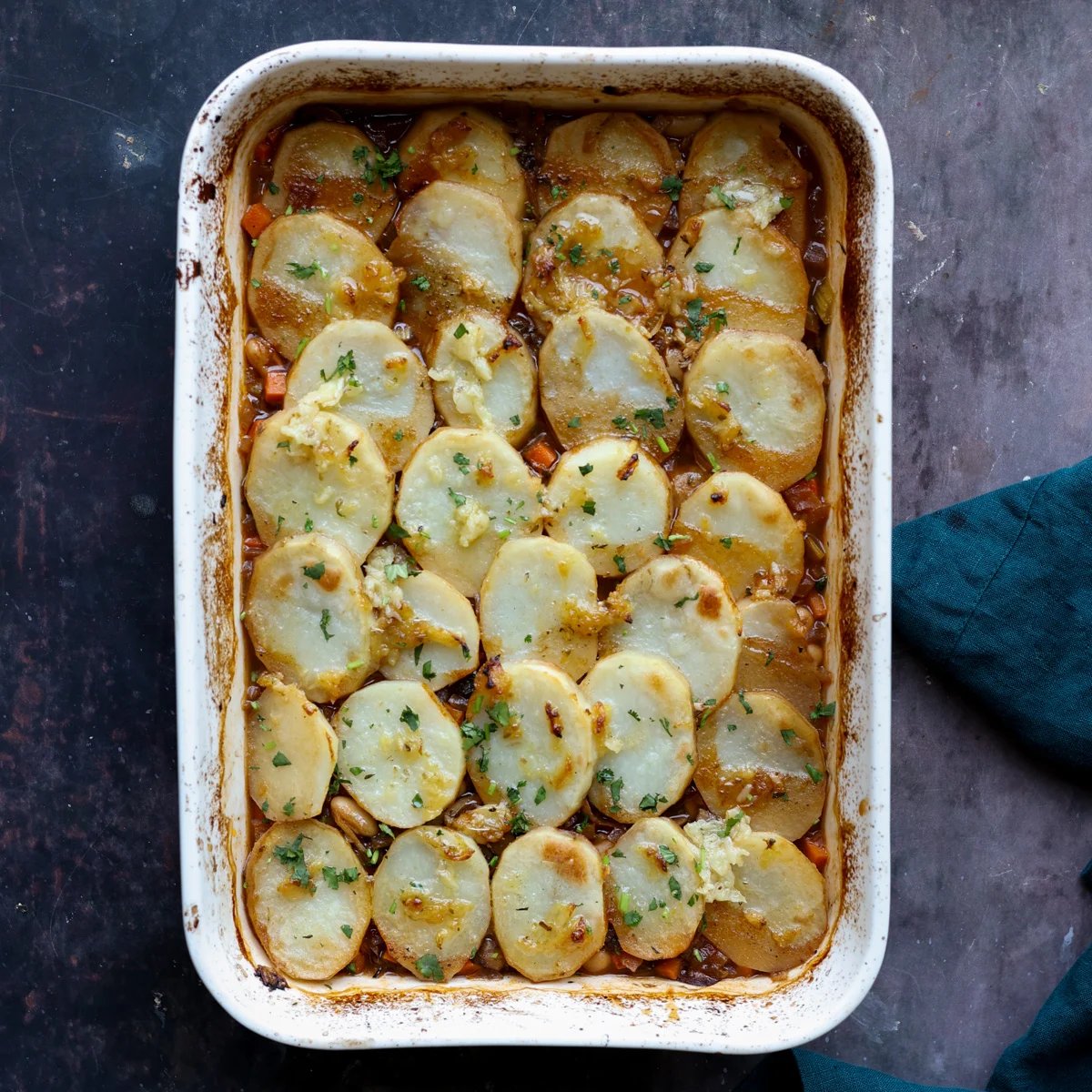 Vegan 1-Pan Mushroom Potato Casserole with Herbed Garlic Butter