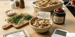 For extra flavor, use high-quality sun-dried tomatoes and fresh herbs. This vegan mushroom potato stuffing can also be prepared ahead of time, making it ideal for meal prep.