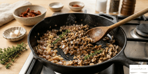 To prepare this vegan sun dried tomato roast recipe, heat olive oil in a pan over medium heat.