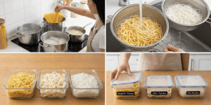 Spend 2–3 hours during the weekend preparing large portions of noodles, sauces, vegetables, and proteins. This saves cooking time during busy weekdays.