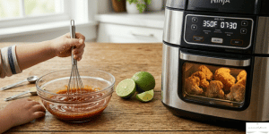 Cook the cauliflower wings in the air fryer at 180°C (350°F) for 15–18 minutes until golden and crispy.