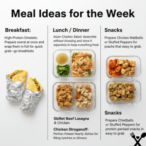 High-Protein Omelets: Prepare several at once and wrap them in foil for quick grab-and-go breakfasts.
Lunch / Dinner:

Asian Chicken Salad: Assemble without the dressing and store it separately to keep everything fresh.
Skillet Beef Lasagna & Chicken Stroganoff: Portion these hearty dishes for filling lunches or dinners.
Snacks:

Prepare Chicken Meatballs or Stuffed Peppers for protein-packed snacks that are easy to grab.
