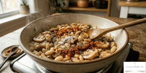 Next, add the beans to the pan and mix well