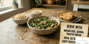 Serve your vegan spinach mushroom beans with rice, quinoa, or toasted bread. It also works great as a side dish or a light healthy lunch.