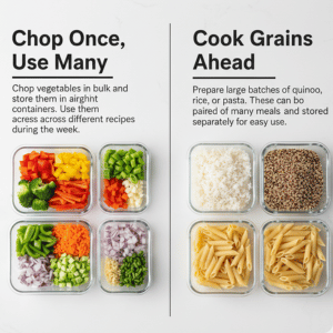 Chop Once, Use Many:
Chop vegetables in bulk and store them in airtight containers. Use them across different recipes during the week.

Cook Grains Ahead:
Prepare large batches of quinoa, rice, or pasta. These can be paired with many meals and stored separately for easy use.