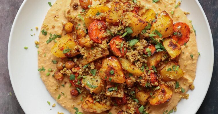 Vegan Harrissa Roasted Vegetables with Bean Puree and Walnut Crumble